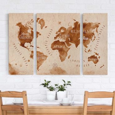 Impression sur toile 3 parties - World Map Watercolour Beige Brown