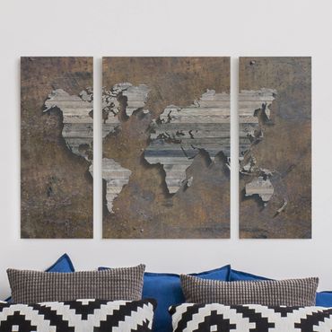 Impression sur toile 3 parties - Wooden Grid World Map
