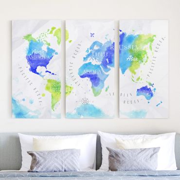 Impression sur toile 3 parties - World Map Watercolour Blue Green