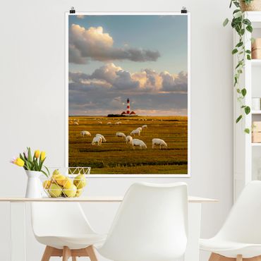 Poster animaux - North Sea Lighthouse With Flock Of Sheep