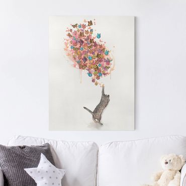 Tableau sur toile - Illustration Cat With Colourful Butterflies Painting