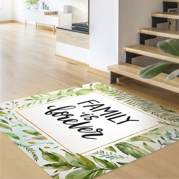 Vinyl Floor Mat - Famiy Is Forever In Golden Frame With Palm Fronds - Square Format 1:1