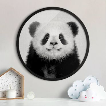Tableau rond encadré - Baby Panda Prian Black And White