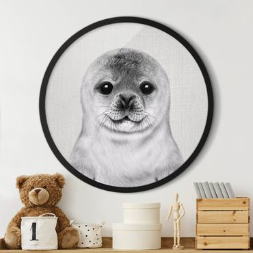 Tableau rond encadré - Baby Seal Ronny Black And White