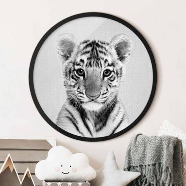 Tableau rond encadré - Baby Tiger Thor Black And White