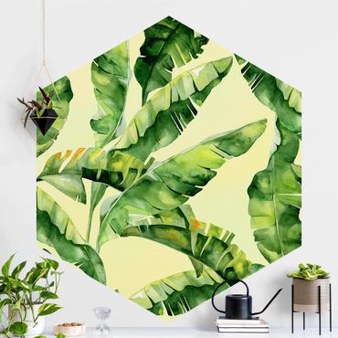 Papier peint hexagonal autocollant avec dessins - Banana Leaves Watercolour