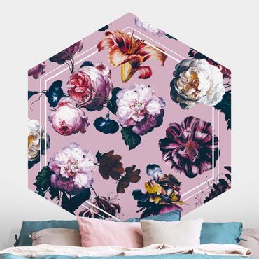 Papier peint hexagonal autocollant avec dessins - Baroque Flowers With White Geometry In Pink