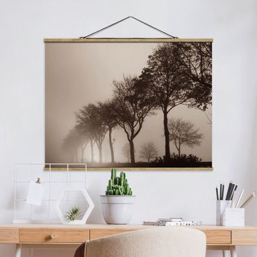 Tableau en tissu avec porte-affiche - Tree Avanue In Morning Mist - Format paysage 4:3
