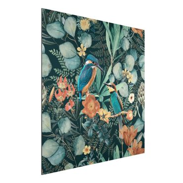 Tableau sur aluminium - Floral Paradise Kingfisher And Hummingbird
