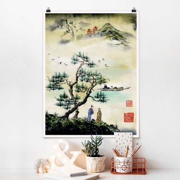 Poster - Japanese Watercolour Drawing Pine And Mountain Village