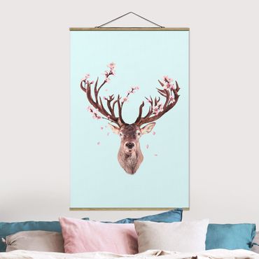 Tableau en tissu avec porte-affiche - Deer With Cherry Blossoms