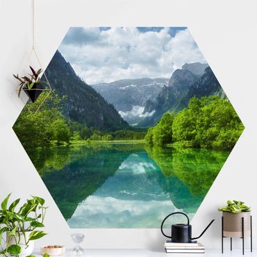 Papier peint hexagonal autocollant avec dessins - Mountain Lake With Reflection
