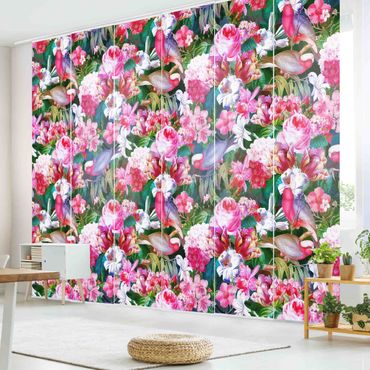Panneau coulissant - Colourful Tropical Flowers With Birds Pink