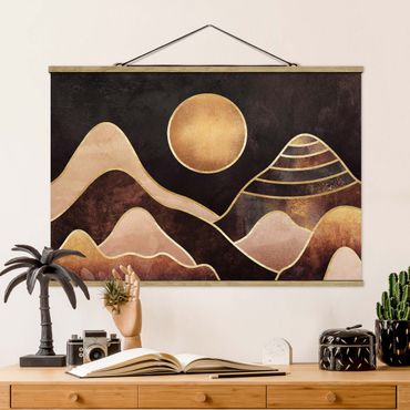 Tableau en tissu avec porte-affiche - Golden Sun Abstract Mountains