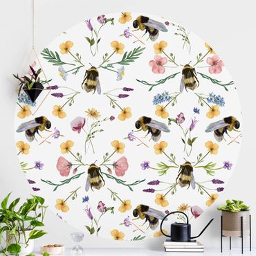 Papier peint rond autocollant - Bees With Flowers