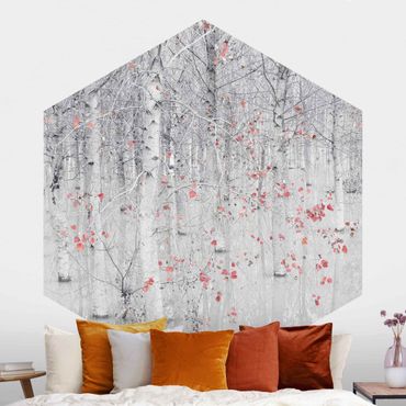 Papier peint panoramique hexagonal autocollant - Birch Tree Forest With Light Pink Leaves