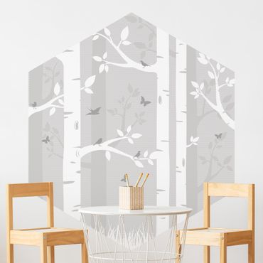 Papier peint hexagonal autocollant avec dessins - Birch Forest With Butterflies And Birds