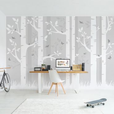 Papier peint - Birch Forest With Butterflies And Birds