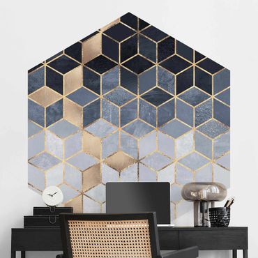 Papier peint hexagonal autocollant avec dessins - Blue White Golden Geometry