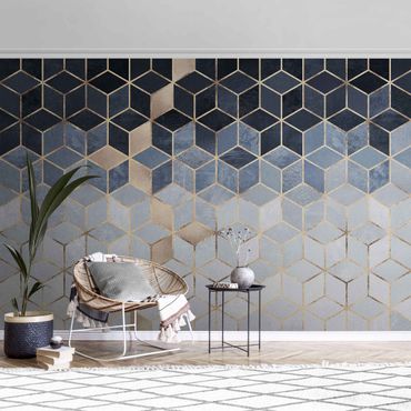 Metallic wallpaper - Blue White Golden Geometry