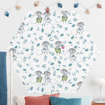Papier peint hexagonal autocollant avec dessins - Blue Flowers With Mice