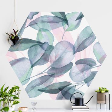 Papier peint hexagonal autocollant avec dessins - Blue And Pink Eucalyptus Leaves Watercolour