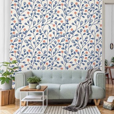 Papier peint - Blue Plant Pattern With Dots In LIght Pink