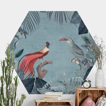 Papier peint hexagonal autocollant avec dessins - Blue Gray Paradise With Tropical Birds