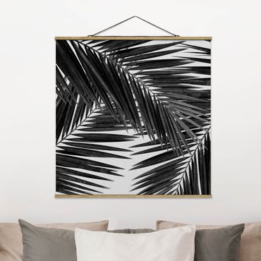 Tableau en tissu avec porte-affiche - View Through Palm Leaves Black And White - Carré 1:1