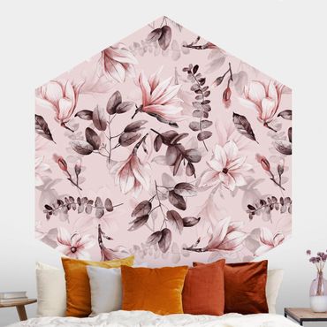 Papier peint hexagonal autocollant avec dessins - Blossoms With Gray Leaves In Front Of Pink