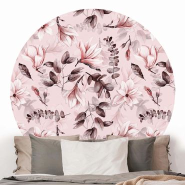Papier peint rond autocollant - Blossoms With Grey Leaves In Front Of Pink