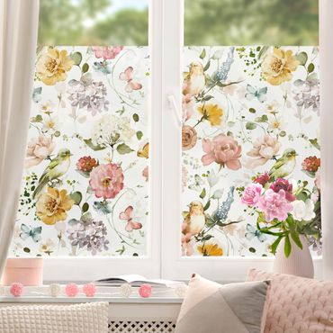 Décoration pour fenêtre - Motif floral avec oiseaux