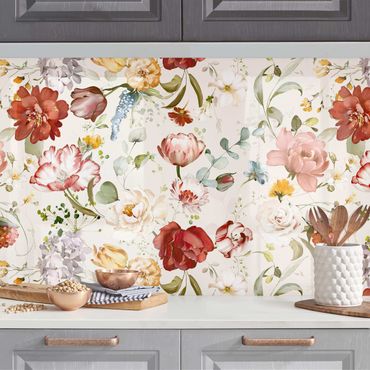 Revêtement cuisine - Motif floral vintage sur fond beige aquarelle