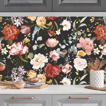 Revêtement cuisine - Motif floral vintage sur fond noir aquarelle