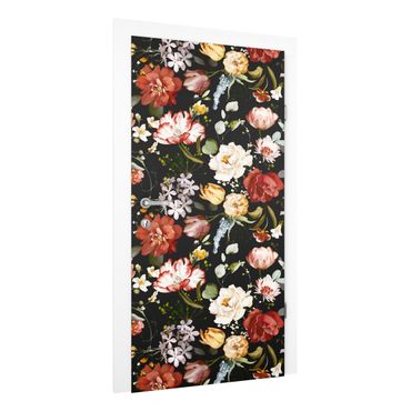 Papier peint pour porte - Motif floral vintage sur fond noir aquarelle