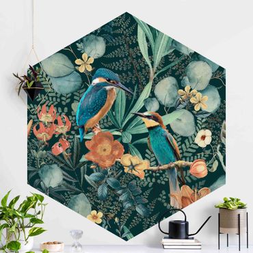 Papier peint hexagonal autocollant avec dessins - Floral Paradise Kingfisher And Hummingbird