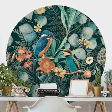 Papier peint rond autocollant - Floral Paradise Kingfisher And Hummingbird