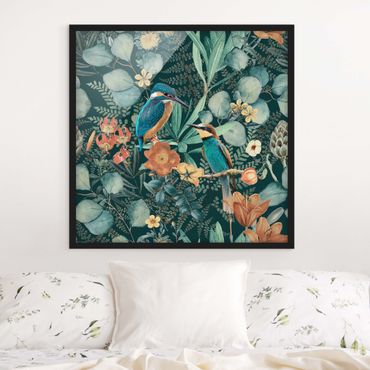 Framed poster - Floral Paradise Kingfisher And Hummingbird