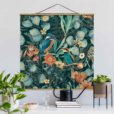 Tableau en tissu avec porte-affiche - Floral Paradise Kingfisher And Hummingbird - Carré 1:1