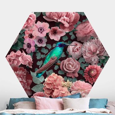 Papier peint hexagonal autocollant avec dessins - Floral Paradise Hummingbird With Roses