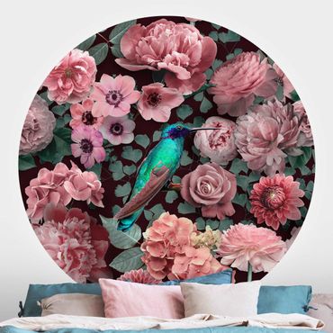 Papier peint rond autocollant - Floral Paradise Hummingbird With Roses