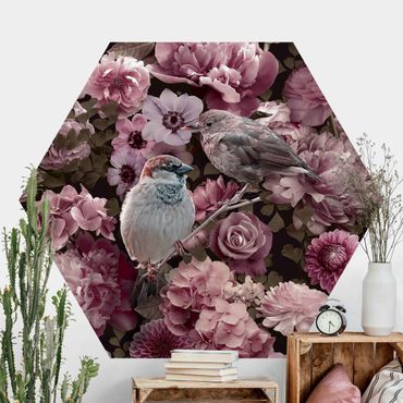 Papier peint hexagonal autocollant avec dessins - Floral Paradise Sparrow In Antique Pink
