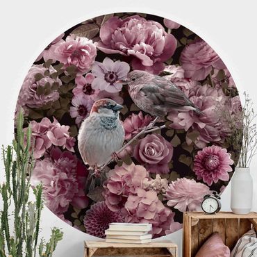 Papier peint rond autocollant - Floral Paradise Sparrow In Antique Pink