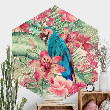 Papier peint hexagonal autocollant avec dessins - Floral Paradise Tropical Parrot