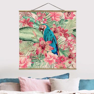 Tableau en tissu avec porte-affiche - Floral Paradise Tropical Parrot - Carré 1:1
