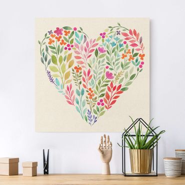 Tableau sur toile naturel - Flowery Watercolour Heart-Shaped - Carré 1:1