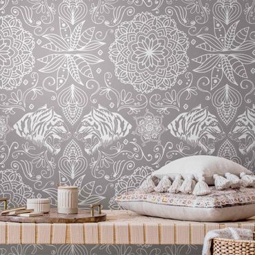 Metallic wallpaper - Boho Tiger Pattern With Mandala In Warm Grey