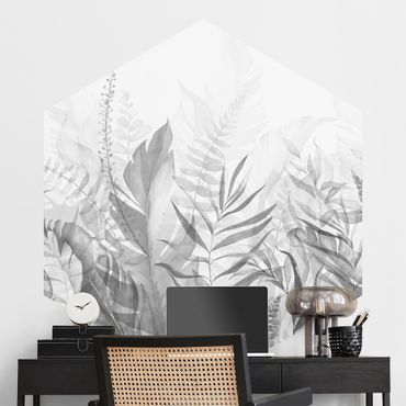Papier peint panoramique hexagonal autocollant - Botany - Tropical Leaves Grey