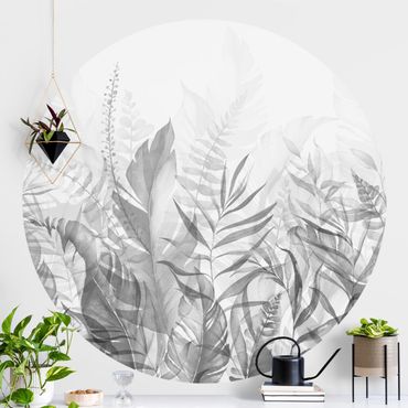 Papier peint rond autocollant - Botany - Tropical Leaves Grey