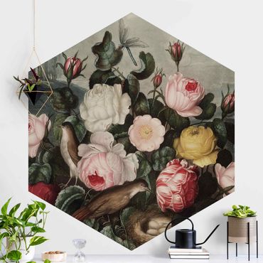 Papier peint hexagonal autocollant avec dessins - Botany Vintage Illustration Of Roses
